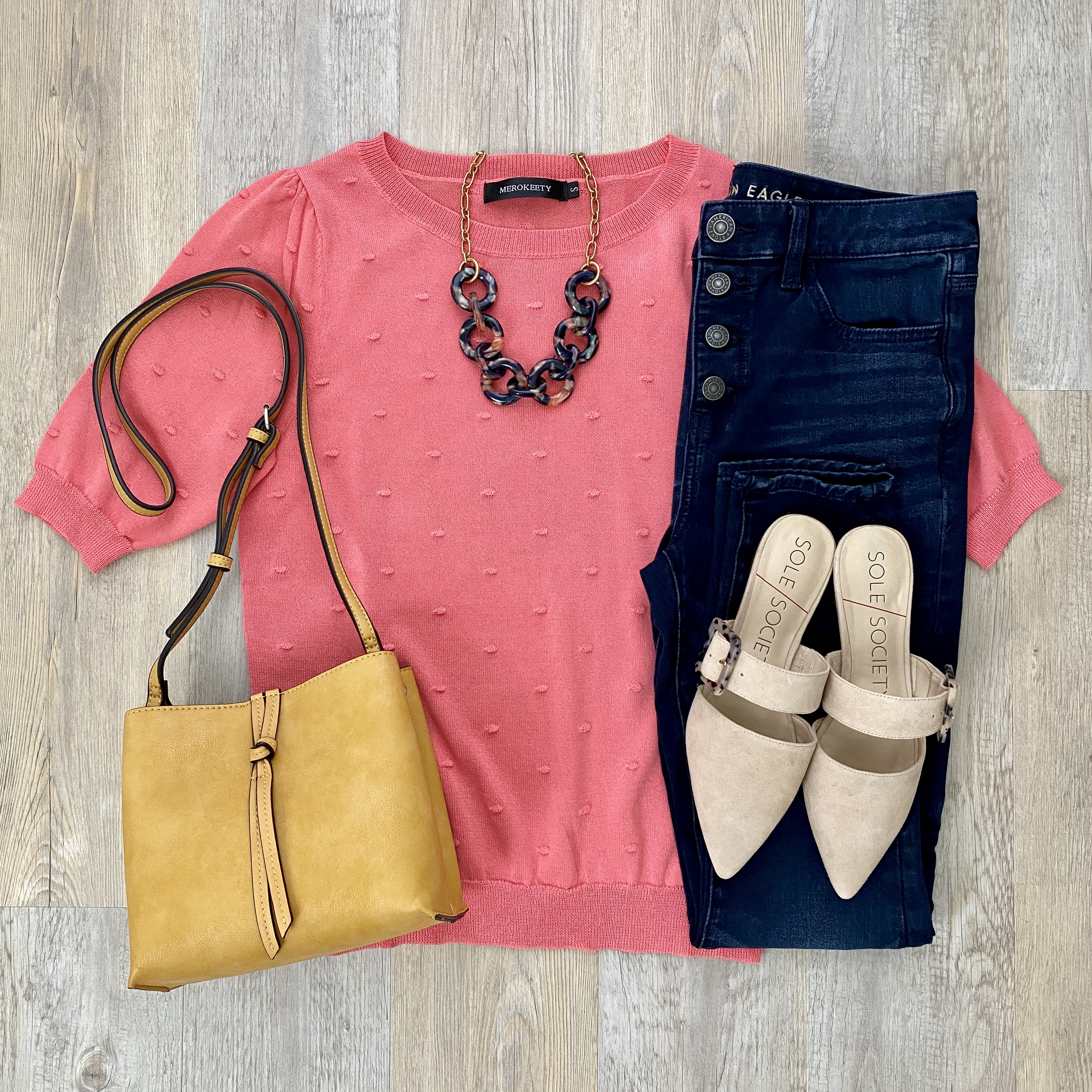 Amazon sweater, AE jeans, Sole Society mules, Sole Society bag, J. Crew Factory tortoise necklace