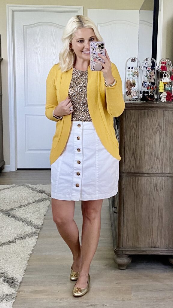 leopard tee, marigold cardigan, LOFT button white skirt, Tory Burch gold flats