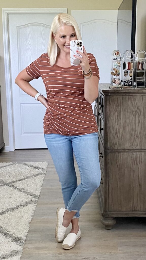 Caslon striped ruched top, LOFT jeans, Sam Edelman espadrilles