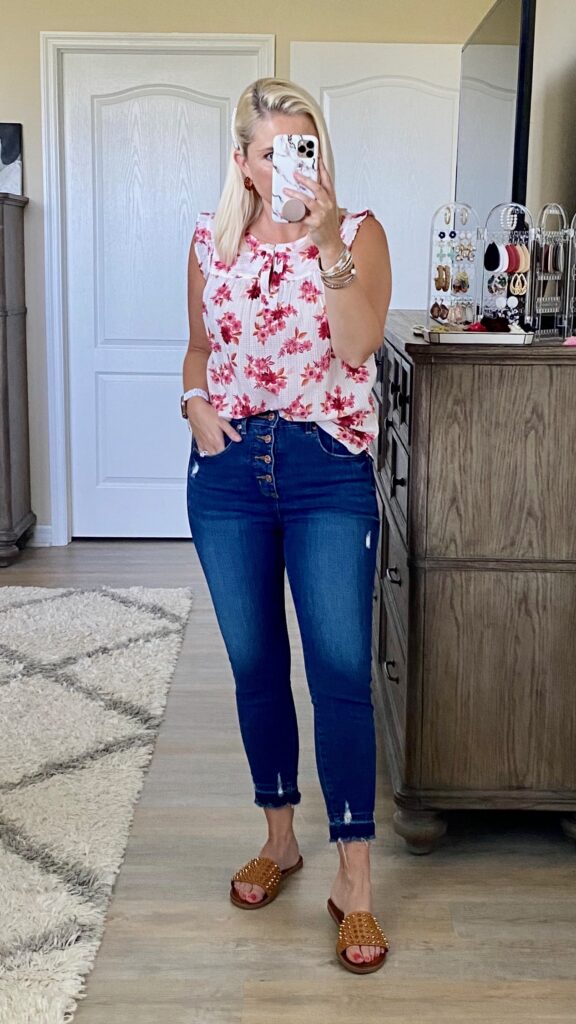 LOFT floral sleeve top, LOFT jeans, Steve Madden spiky sandals