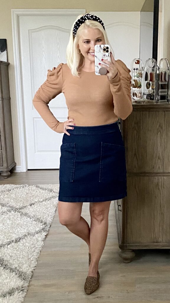 Express puff sleeve top, LOFT denim skirt