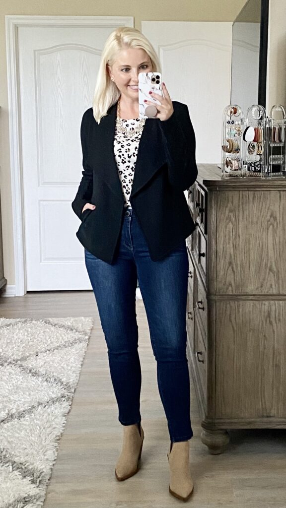 Caslon blazer, Caslon leopard tee, Wit & Wisdom jeans, Vince Camuto booties