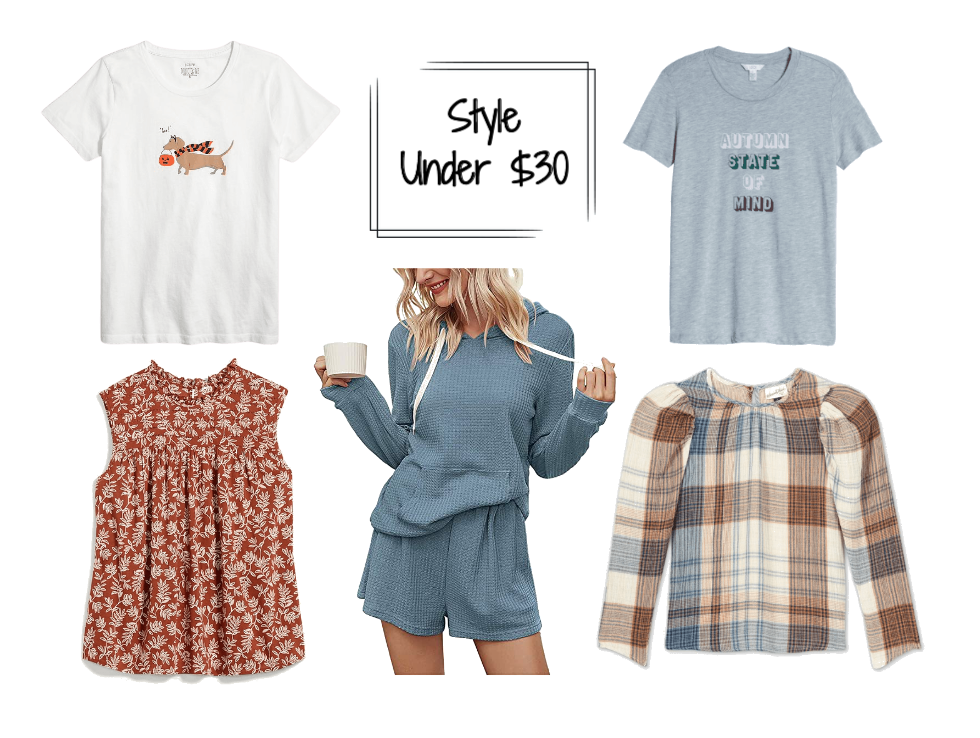 J.Crew Factory spooky pup tee, Old Navy floral high neck blouse, Amazon pajamas, 1901 Autumn Is a State Of Mind tee, Universal Thread plaid top