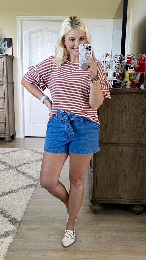 J.Crew tiered ruffle top, J.Crew denim shorts, Sam Edelman woven mules