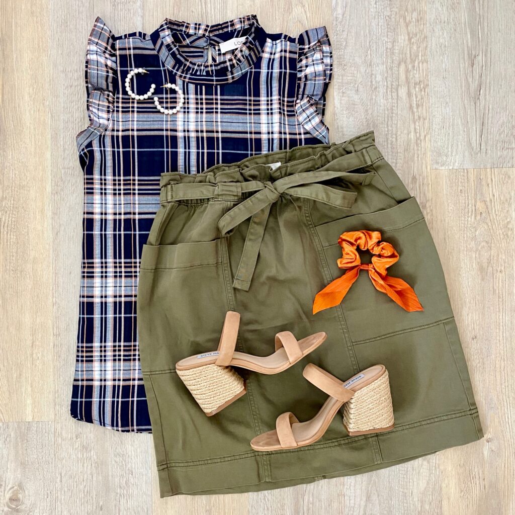 LOFT plaid top, Caslon tie waist skirt