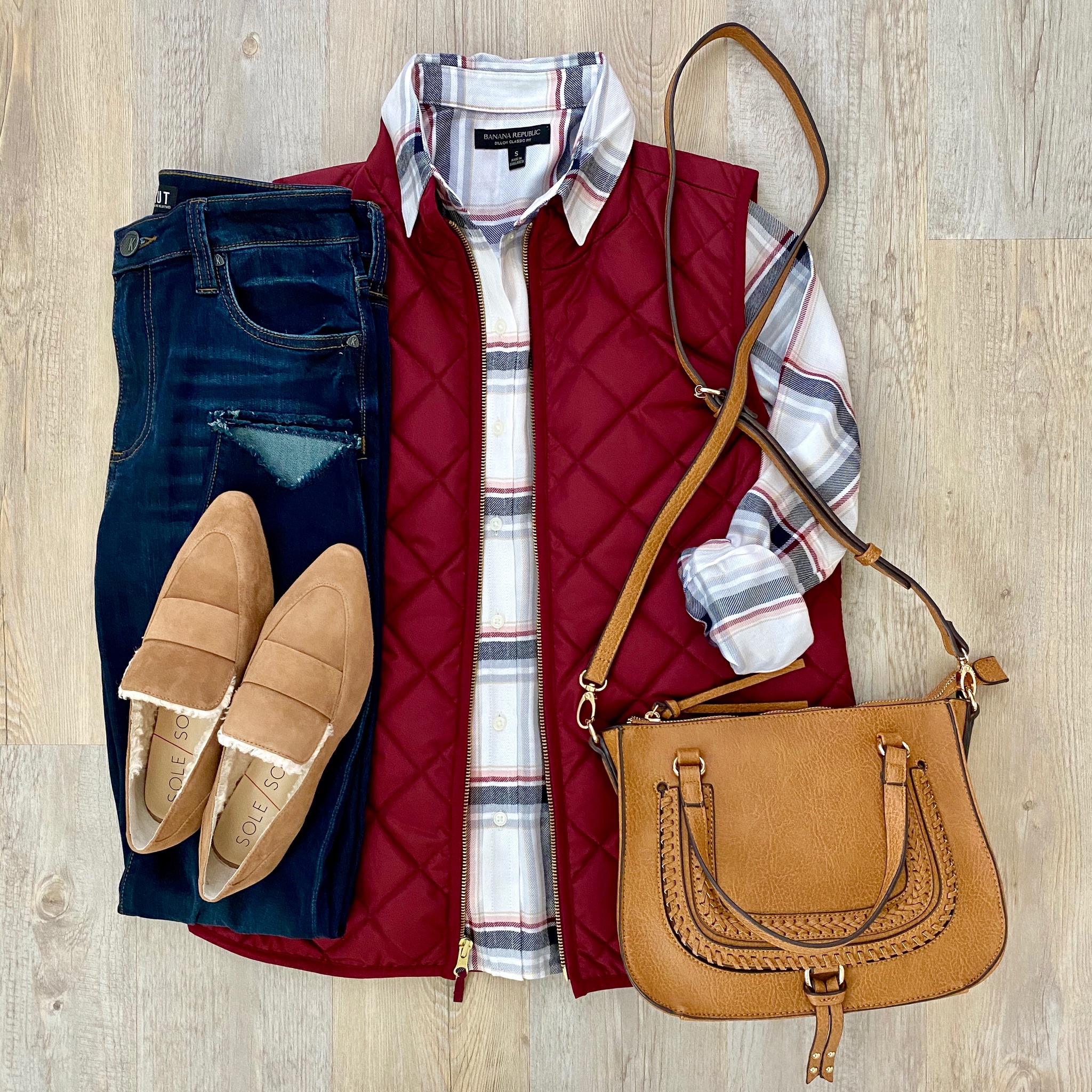 Banana Republic flannel, Old Navy puffer vest, Sole Society Bettina loafers