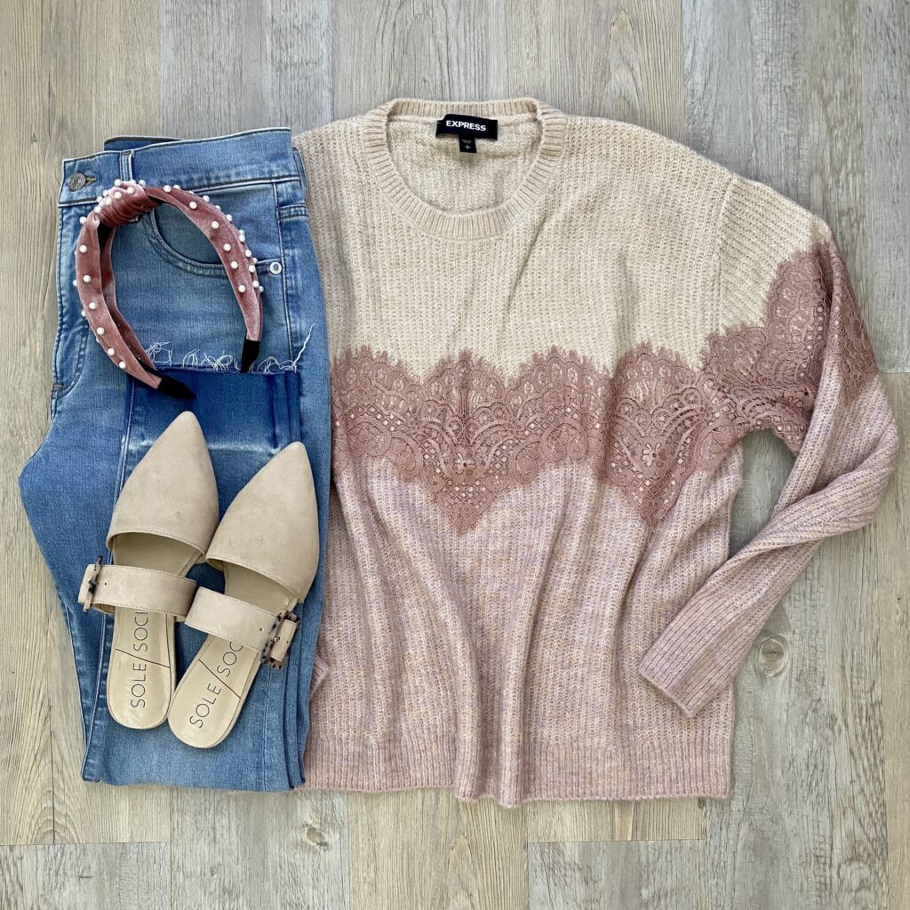 Express lace sweater, Express jeans, Sole Society mules, Amazon headband