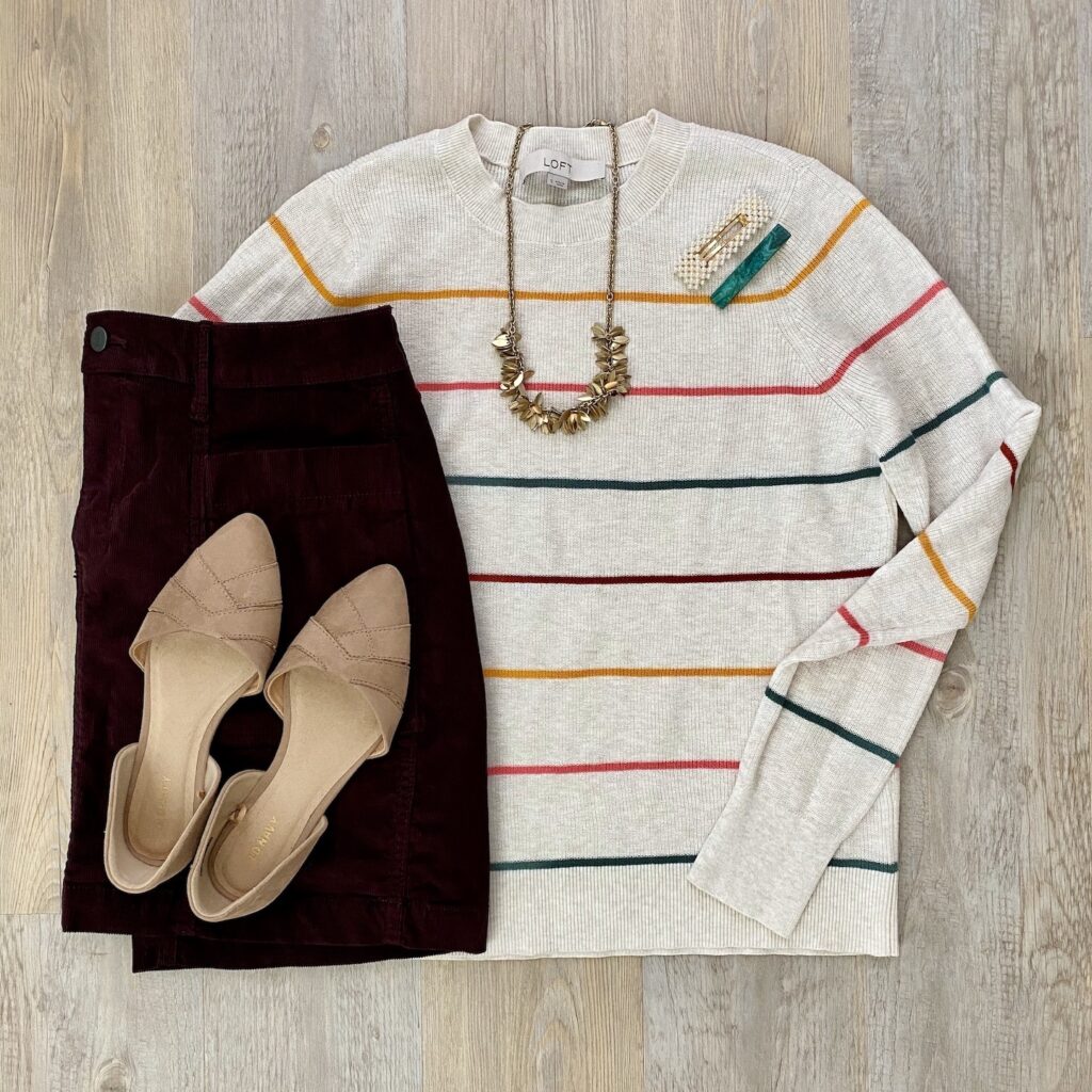 LOFT striped sweater, Old Navy corduroy skirt, Old Navy dorsay flats