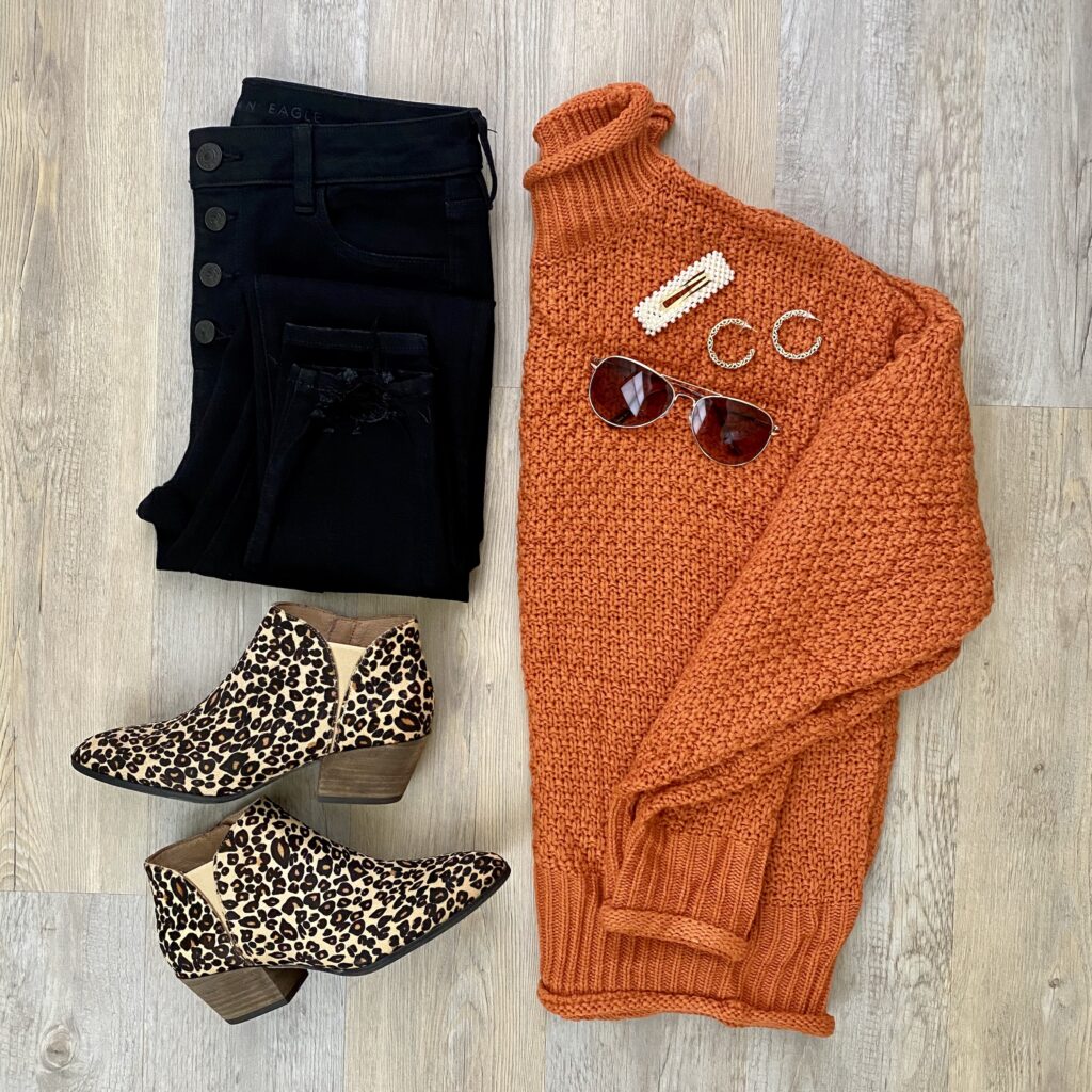 Amazon sweater, AE jeans, Caslon leopard booties