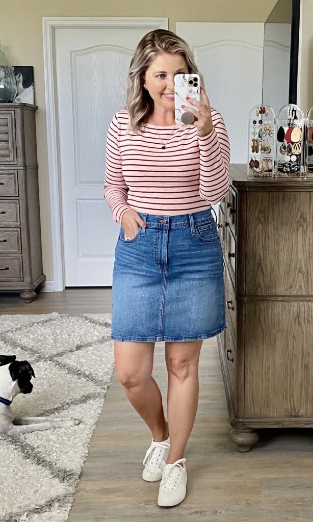 J.Crew Factory stripe tee, J.Crew Factory denim mini skirt