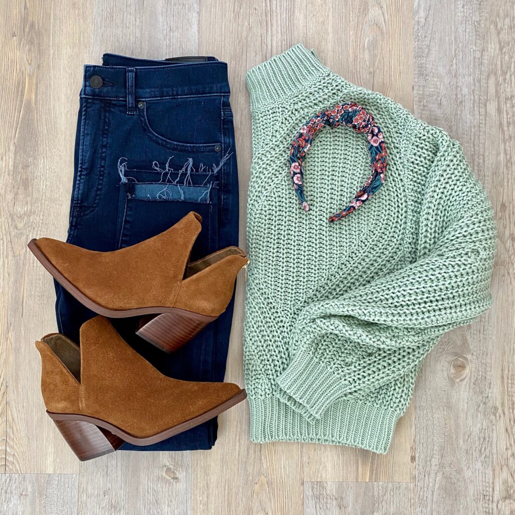 BP sweater, Vince Camuto booties, Express jeans, J.Crew floral headband