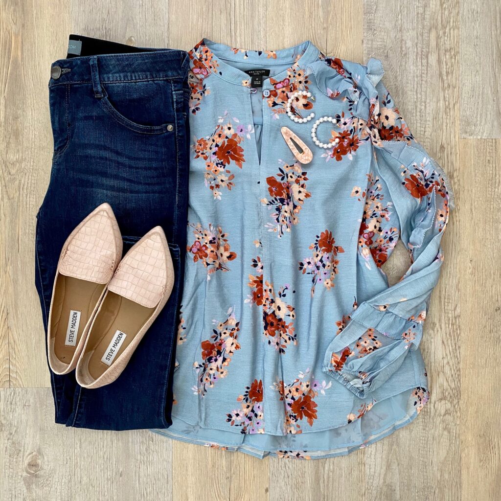 Ann Taylor floral blouse, Steve Madden crocodile feather loafer flats