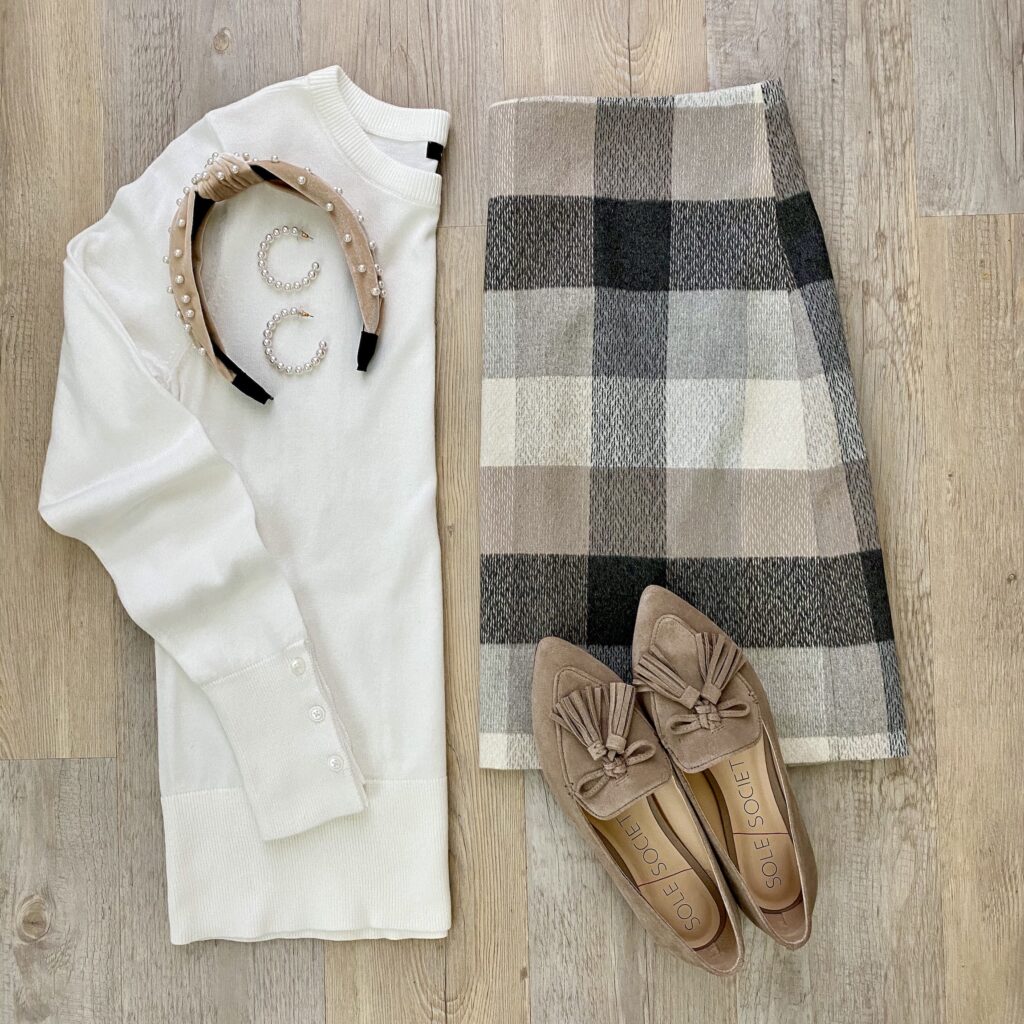 LOFT checkered skirt, Halogen button sleeve sweater, Sole Society loafers