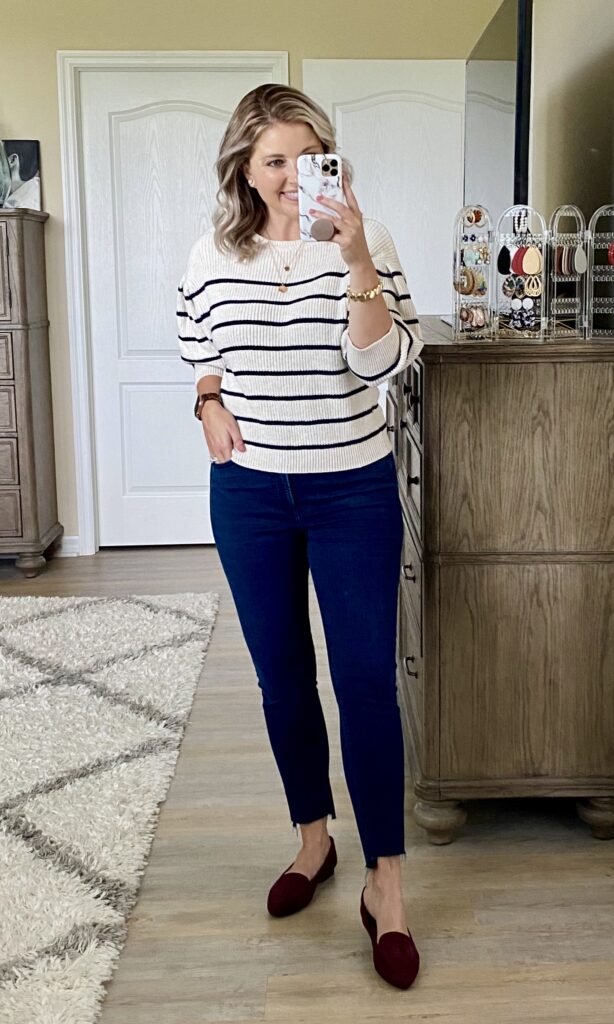 Express striped puff sleeve sweater, Express step hem skinny jeans