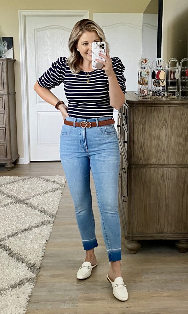 Express puff sleeve striped top, Express tie-dye jeans, White mules