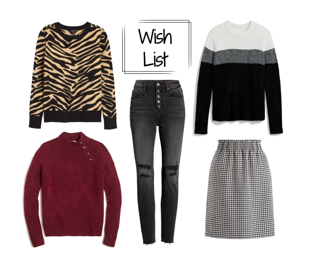 Halogen zebra sweater, J.Crew Factory sweater, Vigors jeans, Old Navy sweater, J.Crew Factory houndstooth skirt