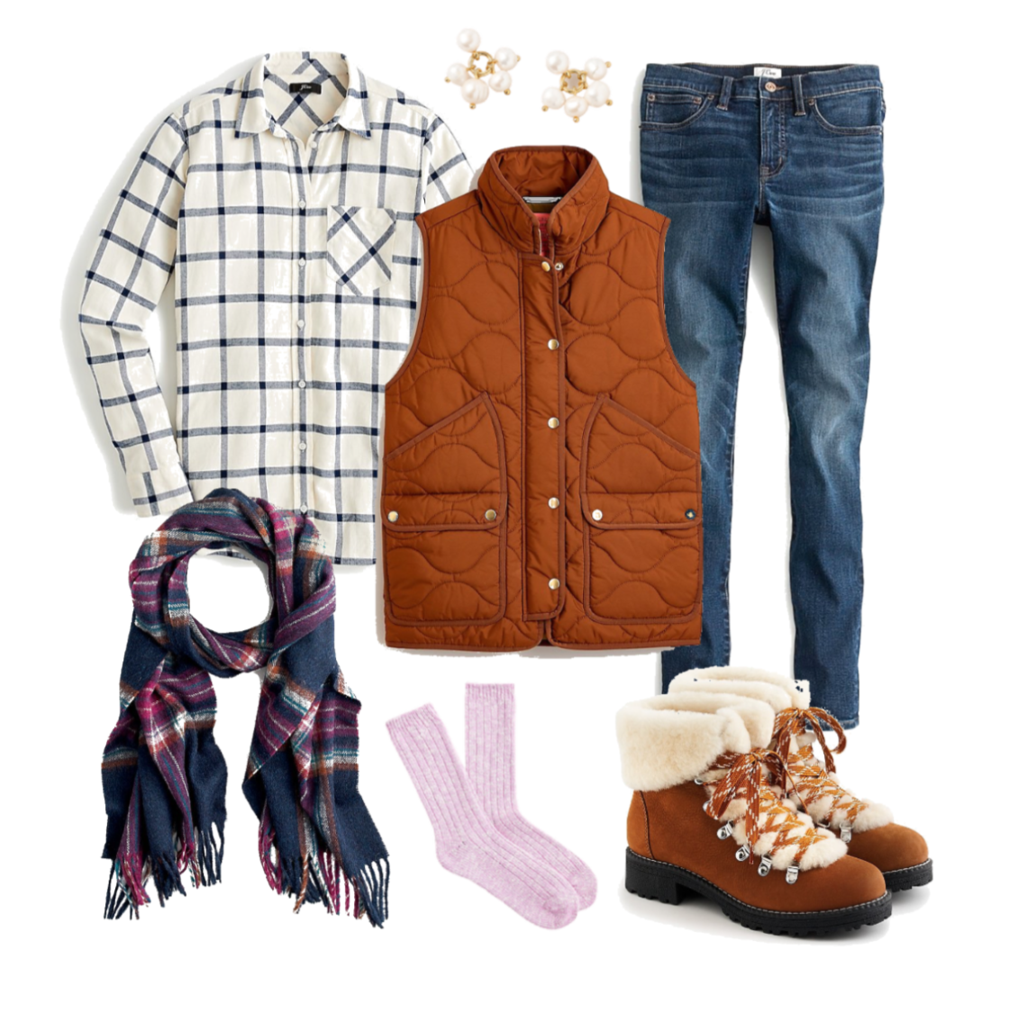 J.Crew flannel shirt, quilted vest, wool scarf, nordic boots