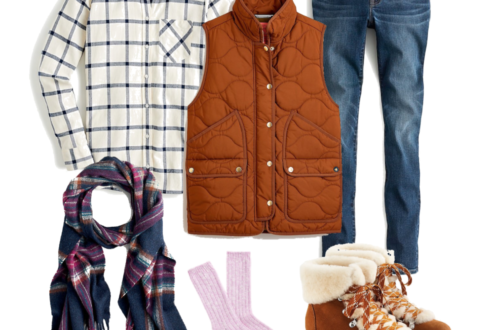 J.Crew flannel shirt, quilted vest, wool scarf, nordic boots