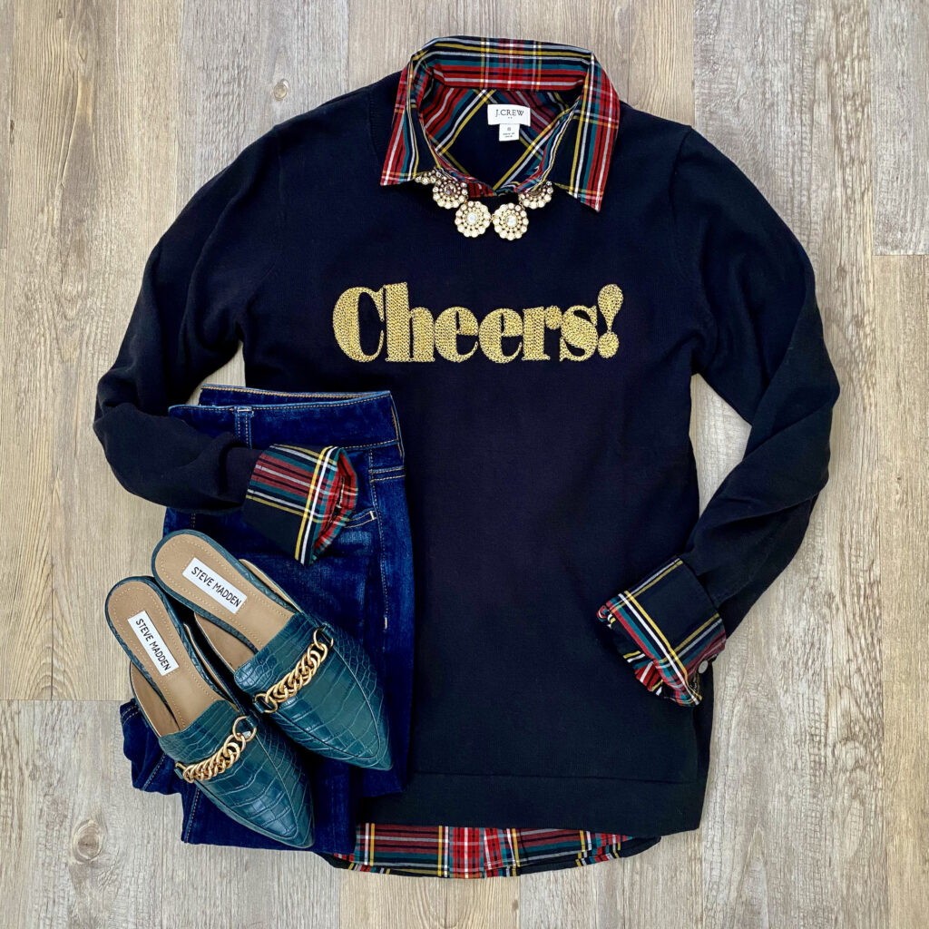 J.Crew Factory Cheers sweater, J.Crew Factory plaid shirt, Steve Madden croc mules