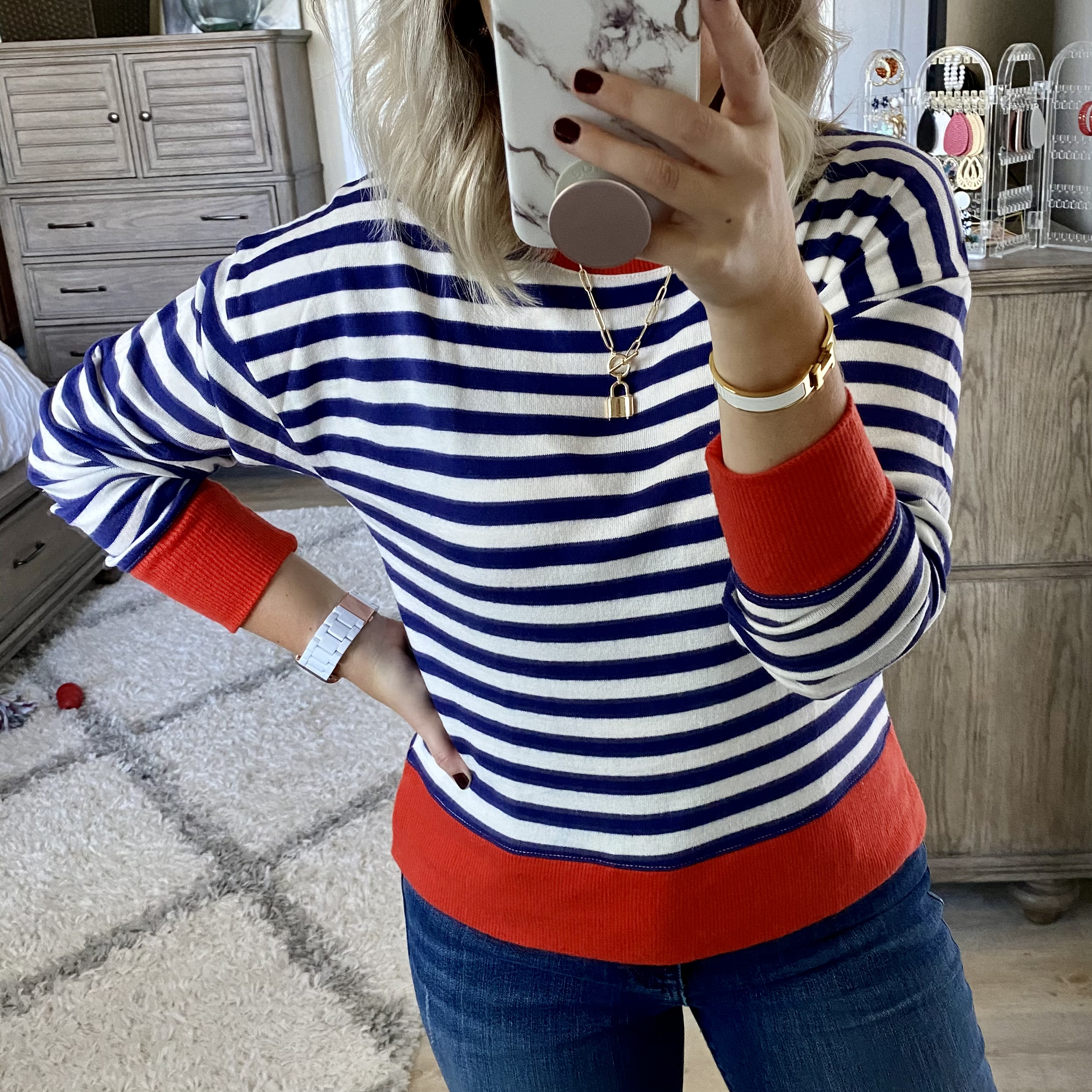 J.Crew super cozy striped mock neck sweater, Adidas white sneakers, Kut from the Kloth jeans