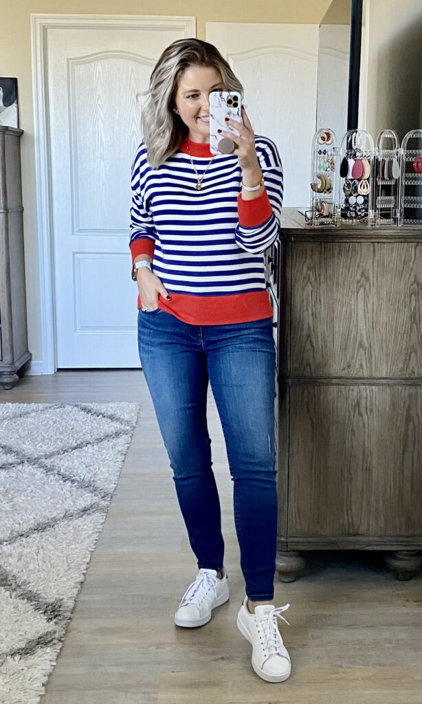 J.Crew super cozy striped mock neck sweater, Adidas white sneakers, Kut from the Kloth jeans