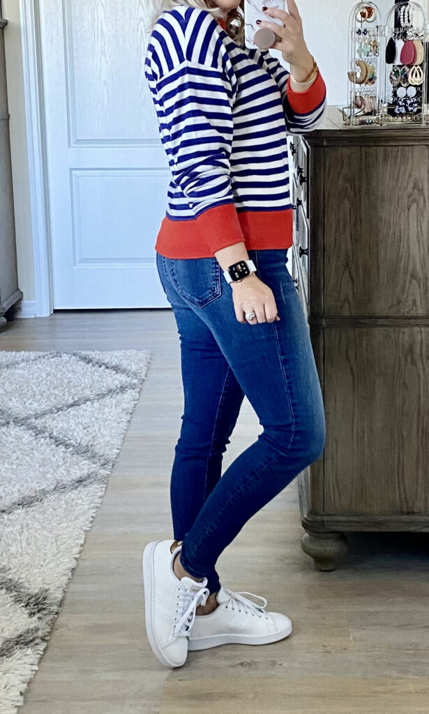 J.Crew super cozy striped mock neck sweater, Adidas white sneakers, Kut from the Kloth jeans