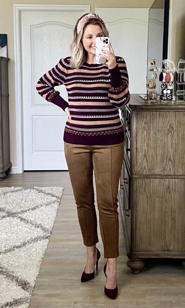 LOFT shimmer striped sweater, LOFT faux suede leggings