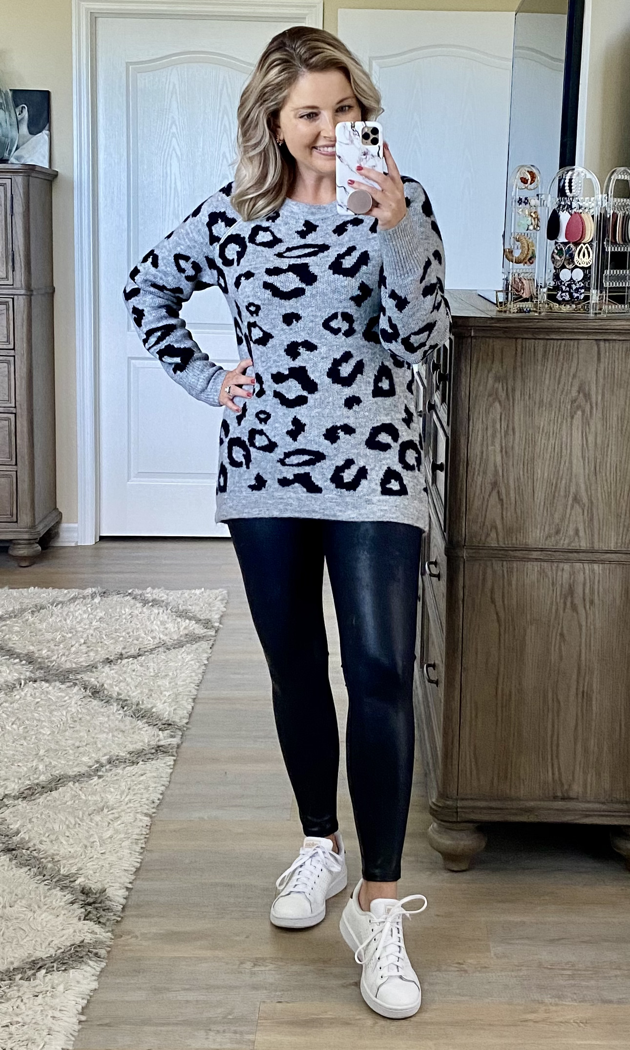 Abercrombie & Fitch side zip leopard sweater, Spanx faux leather leggings, Adidas sneakers