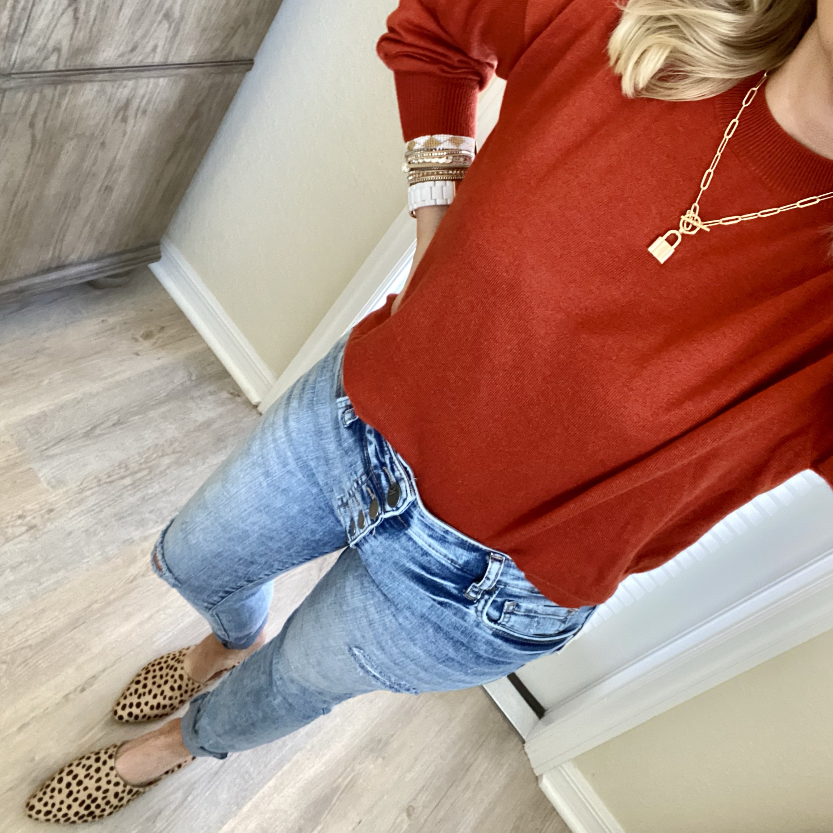 BP rust sweater, Kut from the Kloth Connie jeans, Madewell mules