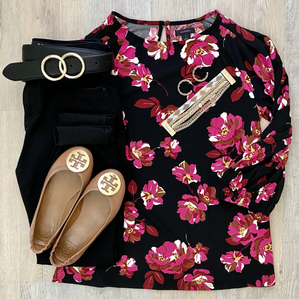 Halogen floral blouse, Tory Burch Minnie flats