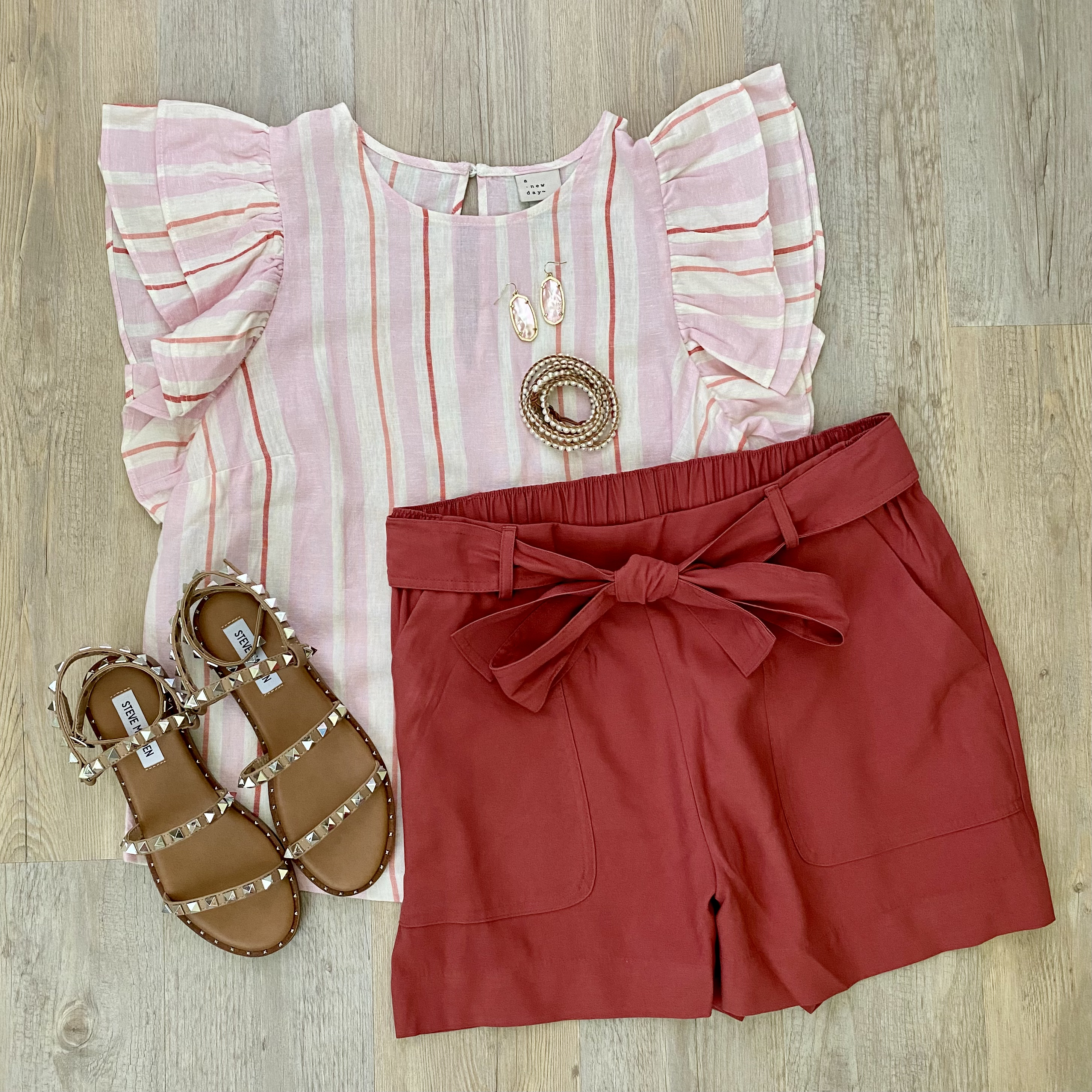 A New day ruffle sleeve linen top, A New Day tie waist shorts, Steve Madden travel sandals