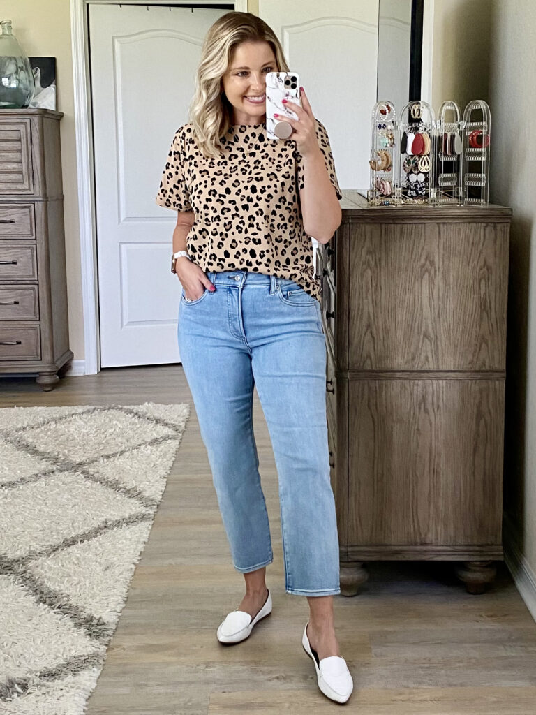 J.Crew Factory leopard top, Express slim jeans, Steve Madden feather loafers