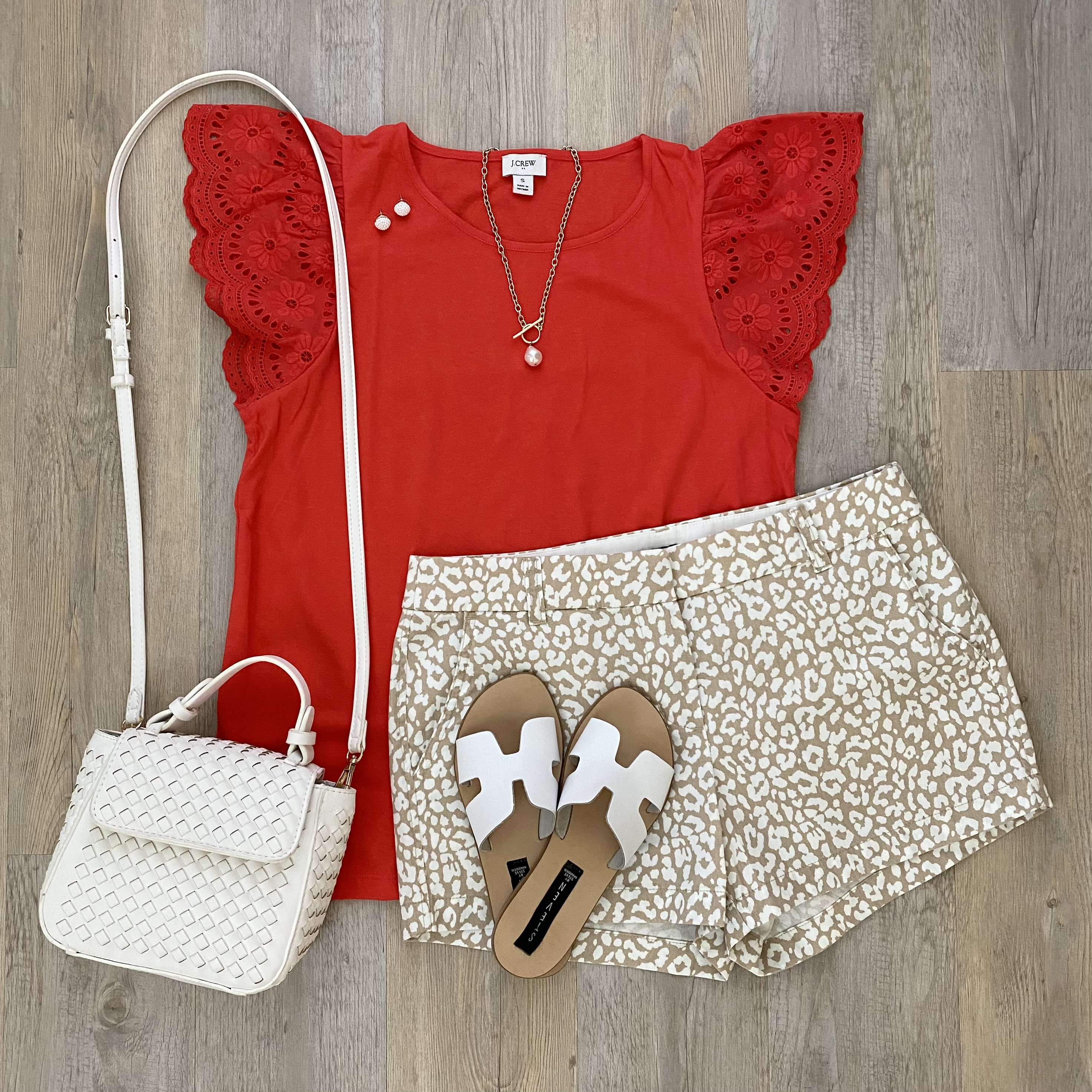 J.Crew Factory eyelet top, J.Crew Factory leopard shorts