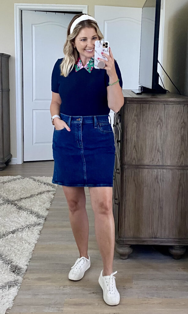 J.Crew Factory short sleeve sweater, J.Crew Factory denim skirt