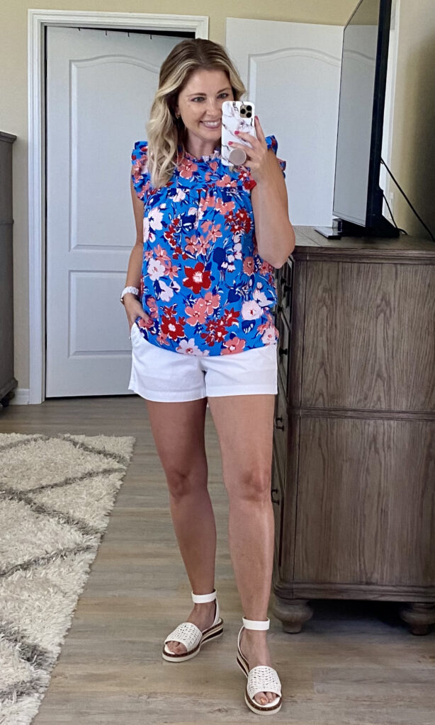 J.Crew Factory floral ruffle top, J.Crew Factory chino shorts