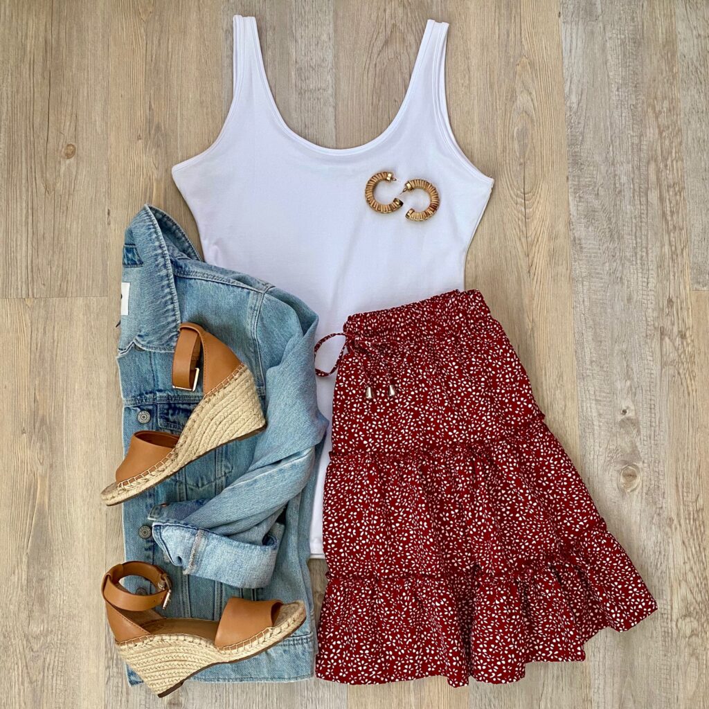 Amazon bodysuit, Amazon skirt, Old Navy denim jacket, Vince Camuto wedge sandals