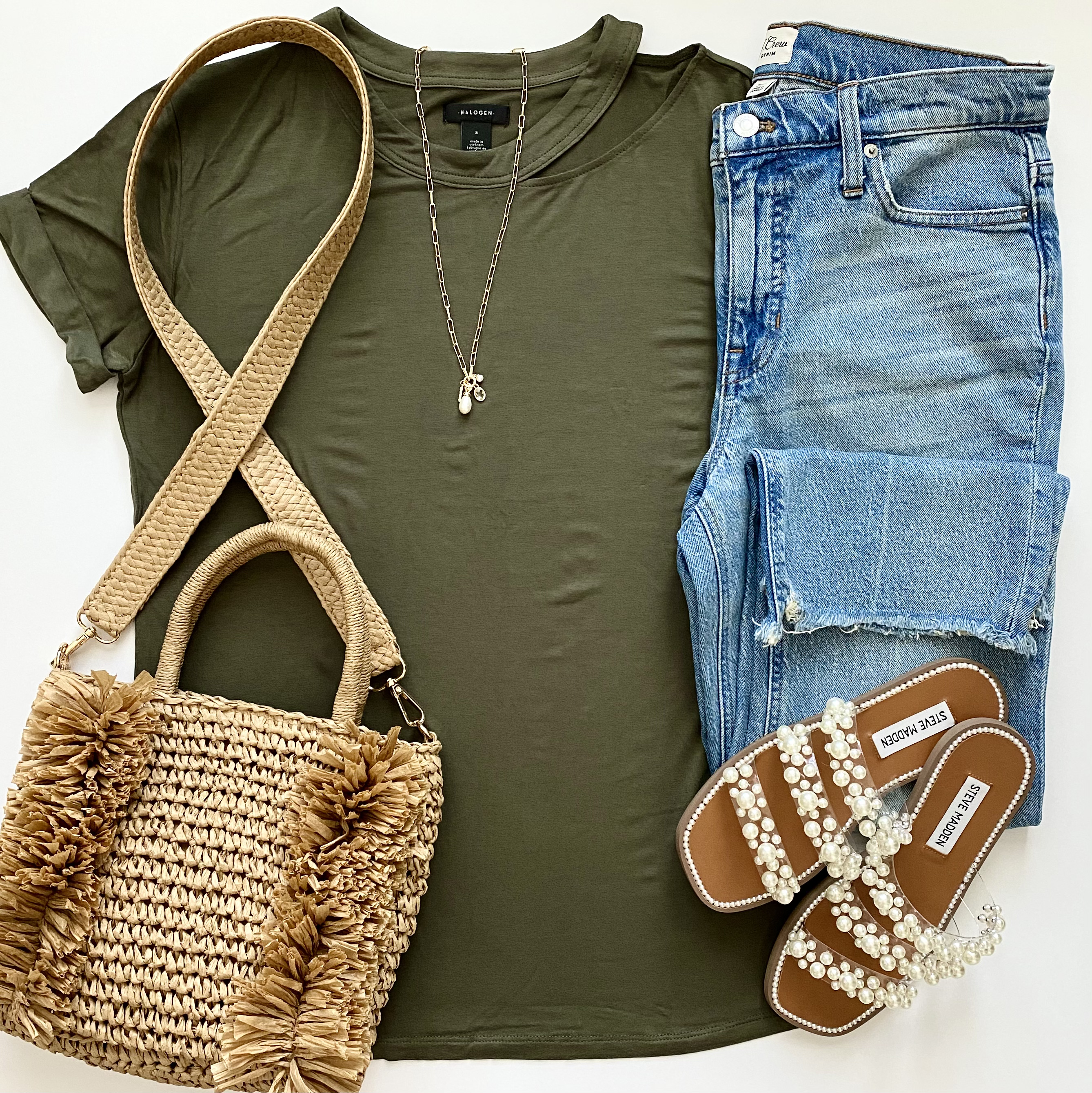 Halogen slit tee, J.Crew demi boot jeans, LOFT bag, Steve Madden sandals