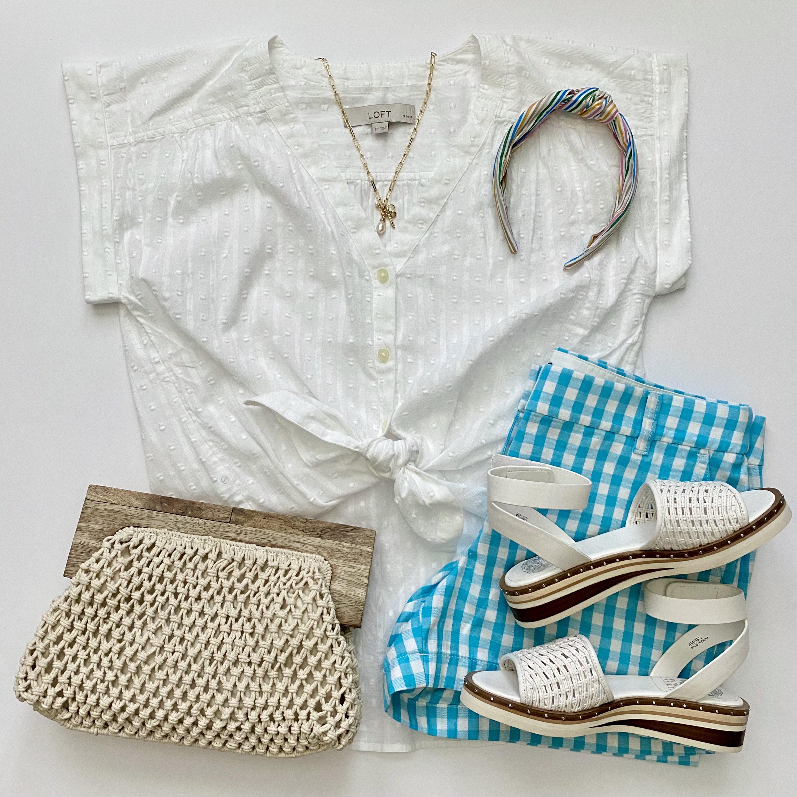 LOFT eyelet top, J.Crew Factory gingham shorts, A New Day clutch, J.Crew Factory rainbow striped headband, LOFT necklace