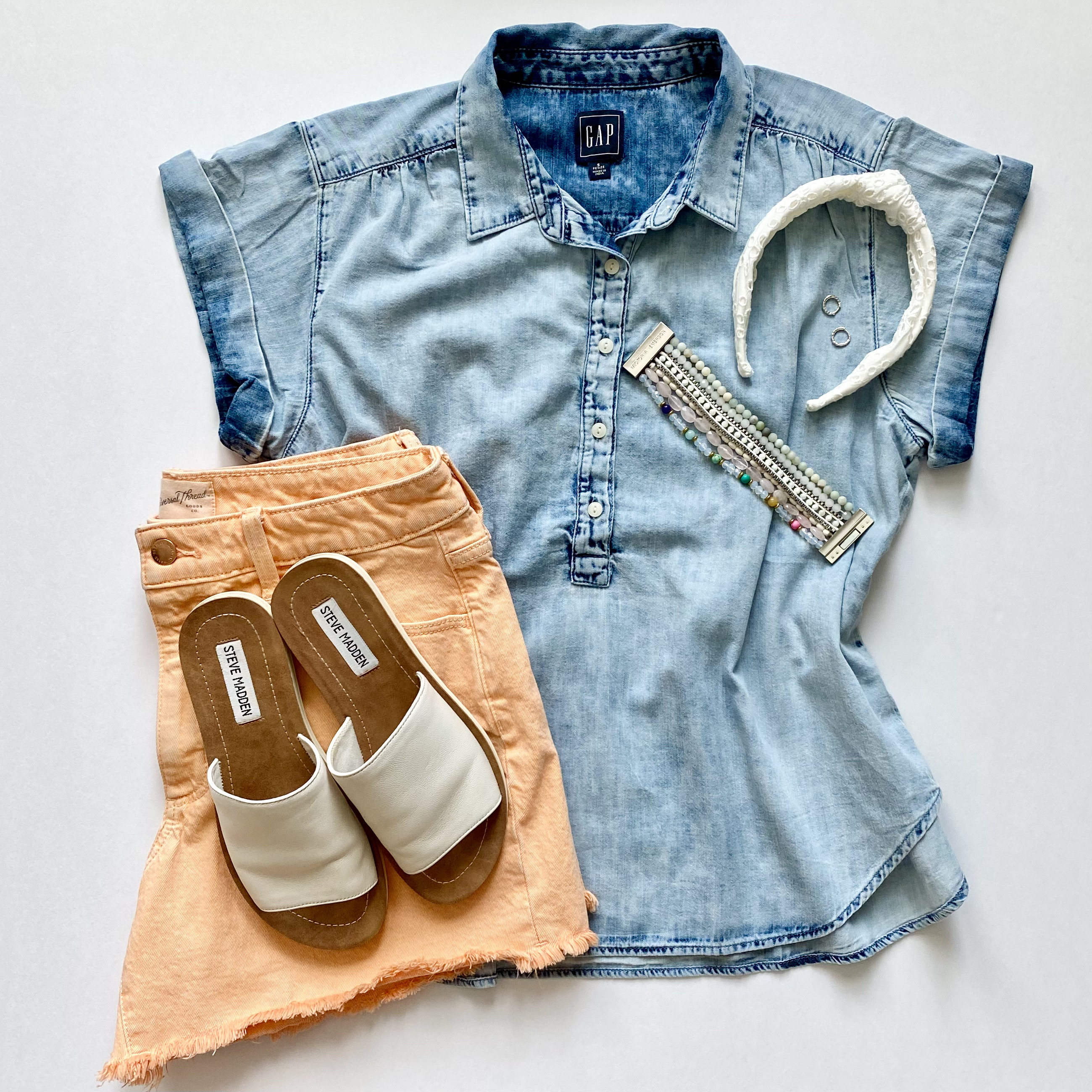 GAP chambray shirt, Universal Thread shorts