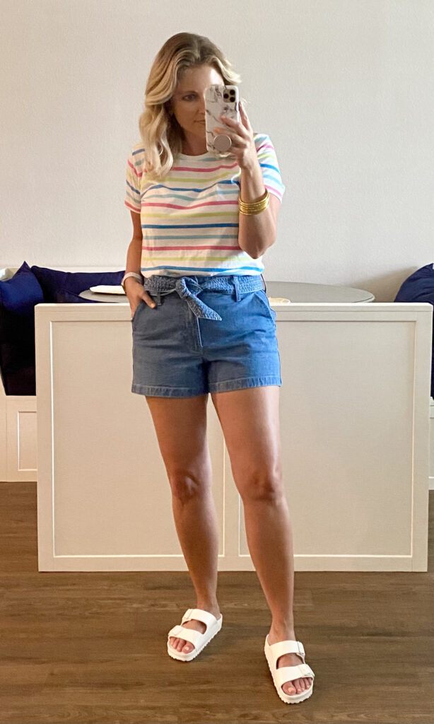 J.Crew Factory striped tee, J.Crew tie-waist denim shorts, Birkenstock EVA sandals