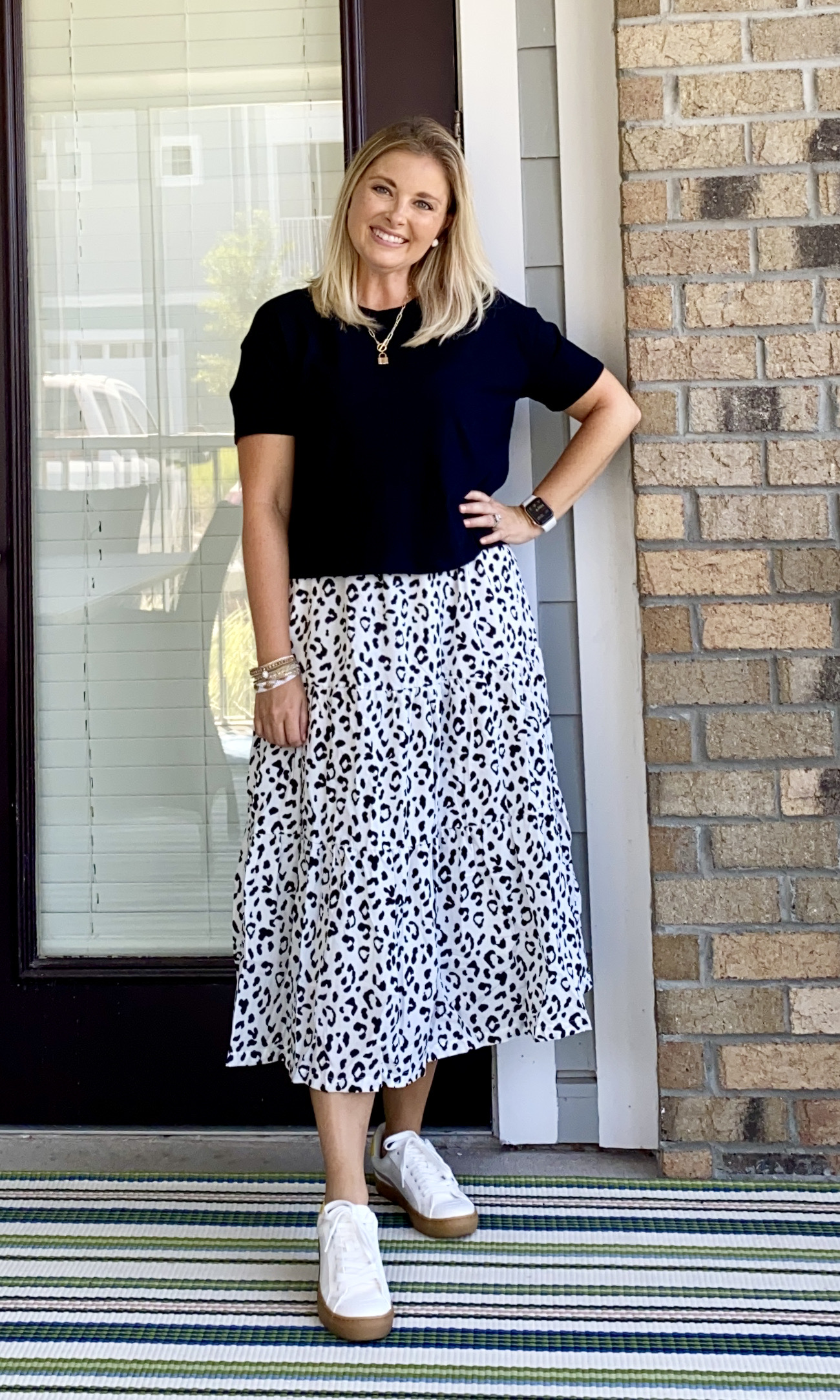 Old Navy crop tee, Amazon leopard print midi skirt, A New Day sneakers
