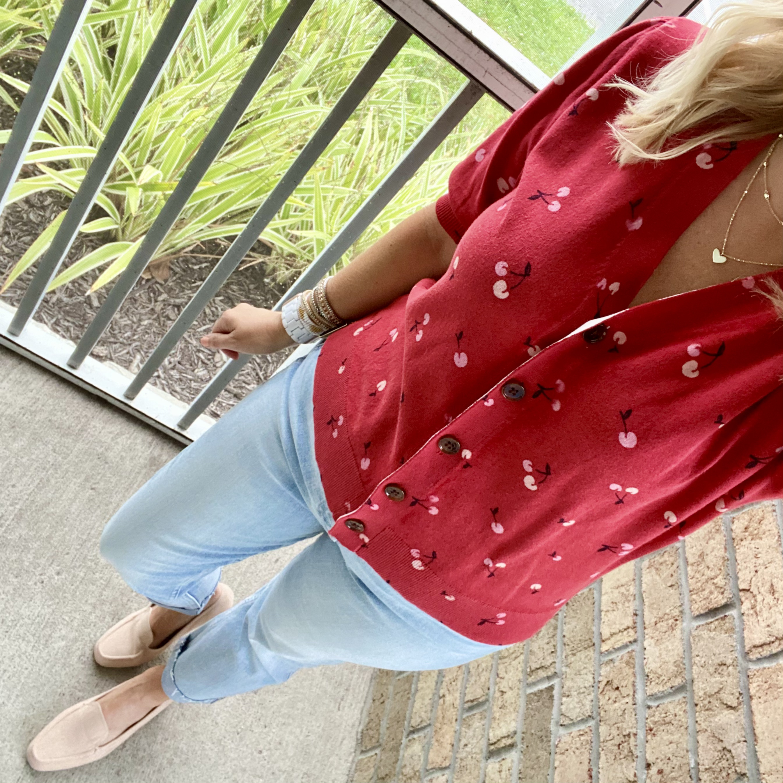 LOFT cherry sweater, GAP jeans, Journee loafers