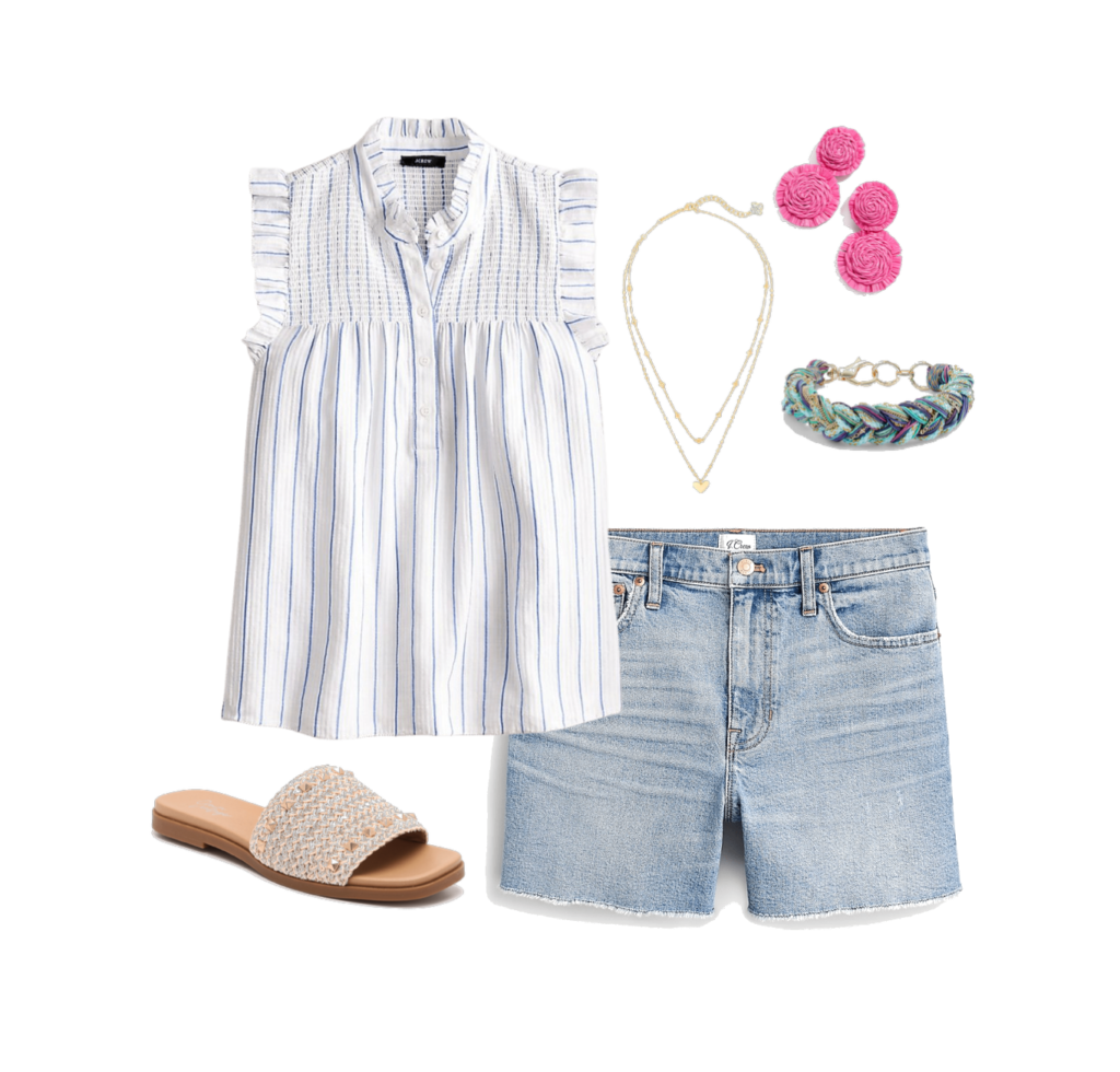 J.Crew striped ruffle top, Crown Vintage sandals, J.Crew shorts, Baublebar raffia earrings, Kendra Scott necklace, Kendra Scott bracelet