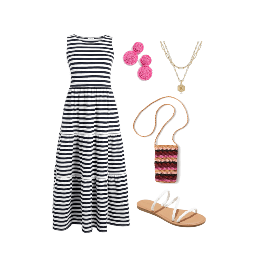 J.Crew Factory striped maxi dress, LOFT crochet bag, Baublebar raffia earrings, Amazon necklace, Target sandals