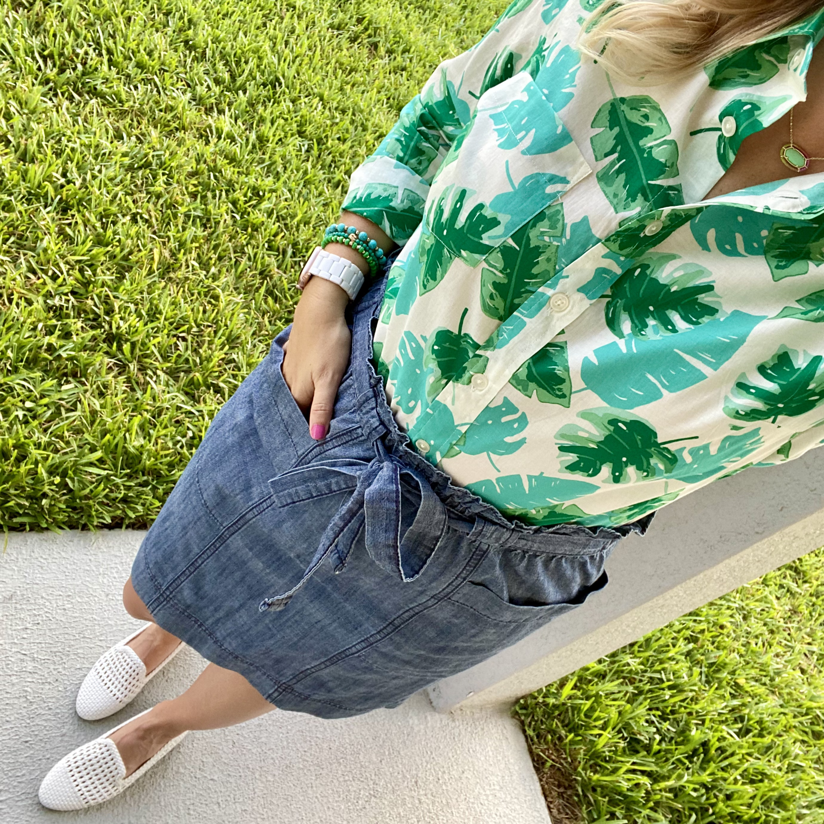 j.crew factory palm tree shirt, chambray skirt