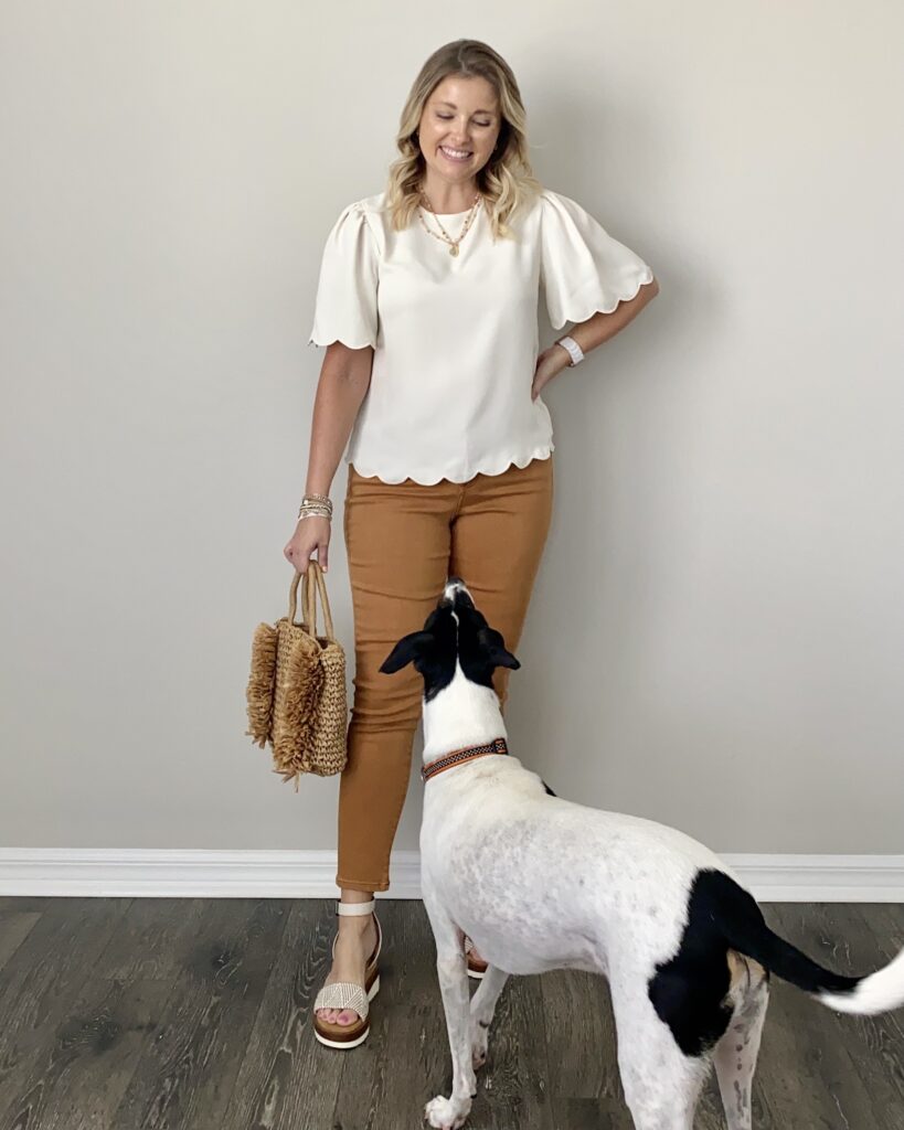 Express scallop blouse, Express mid rise colored jeans, Crown Vintage wedge sandals, LOFT bag