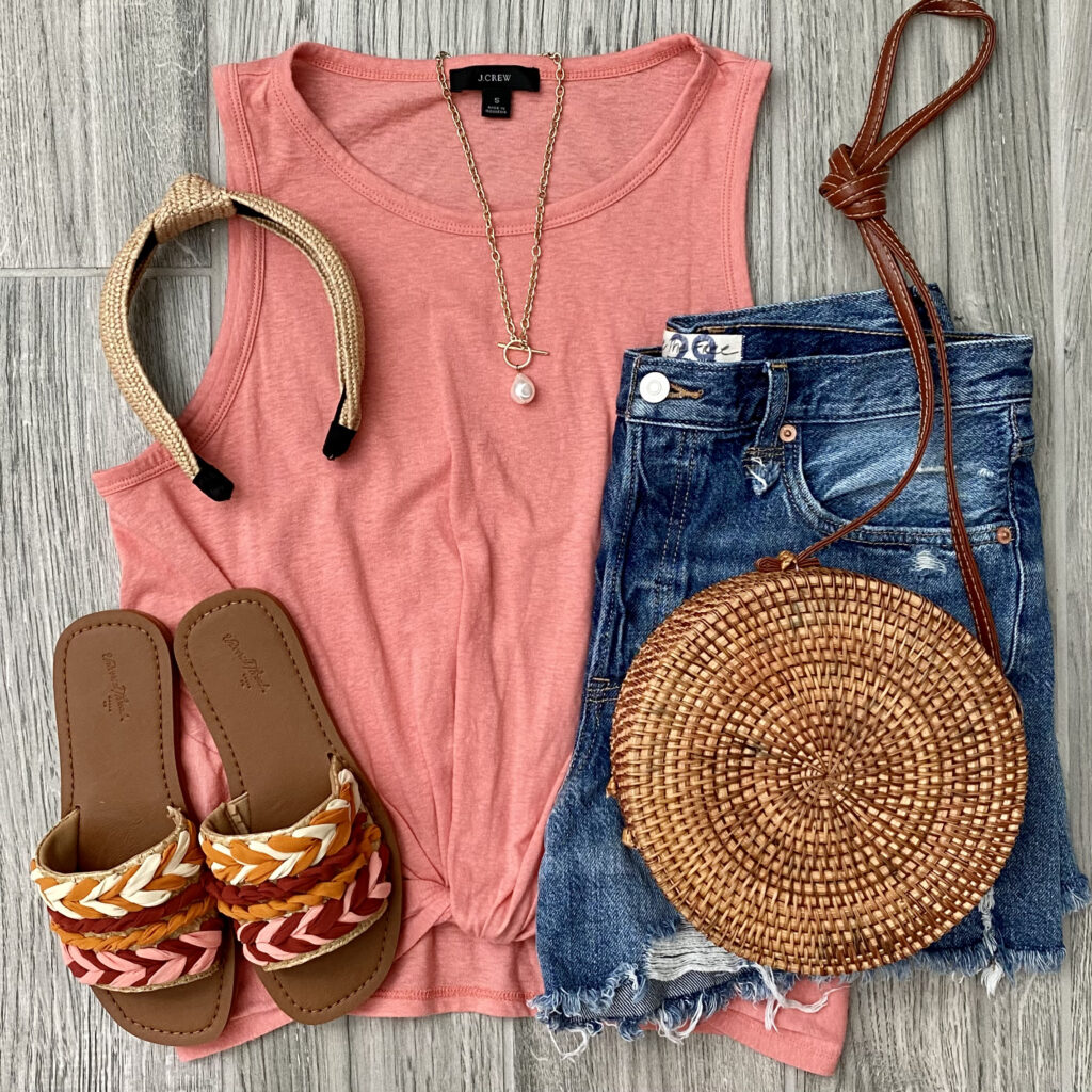 J.Crew twist knot tank top, Universal Thread sandals