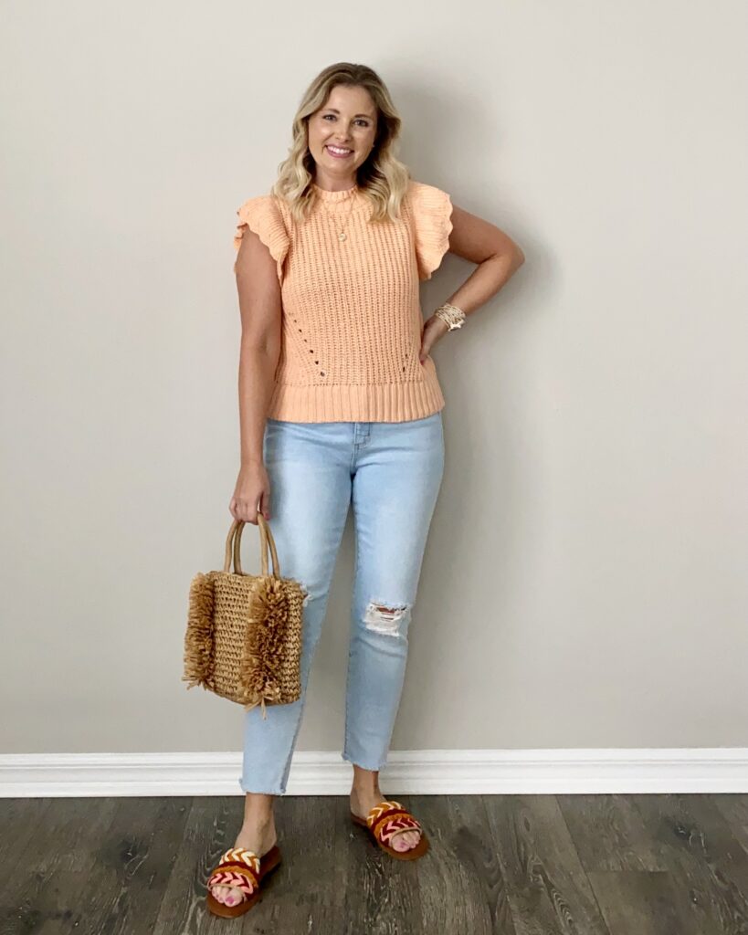 universal thread ruffle sweater vest, LOFT distressed skinny jeans, Universal Thread sandals, LOFT bag