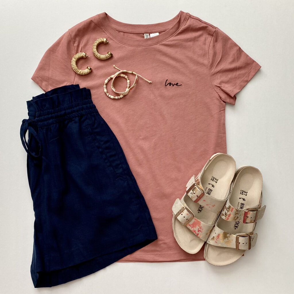 H&M Love tee, H&M linen shorts, Birkenstock rose gold sandals