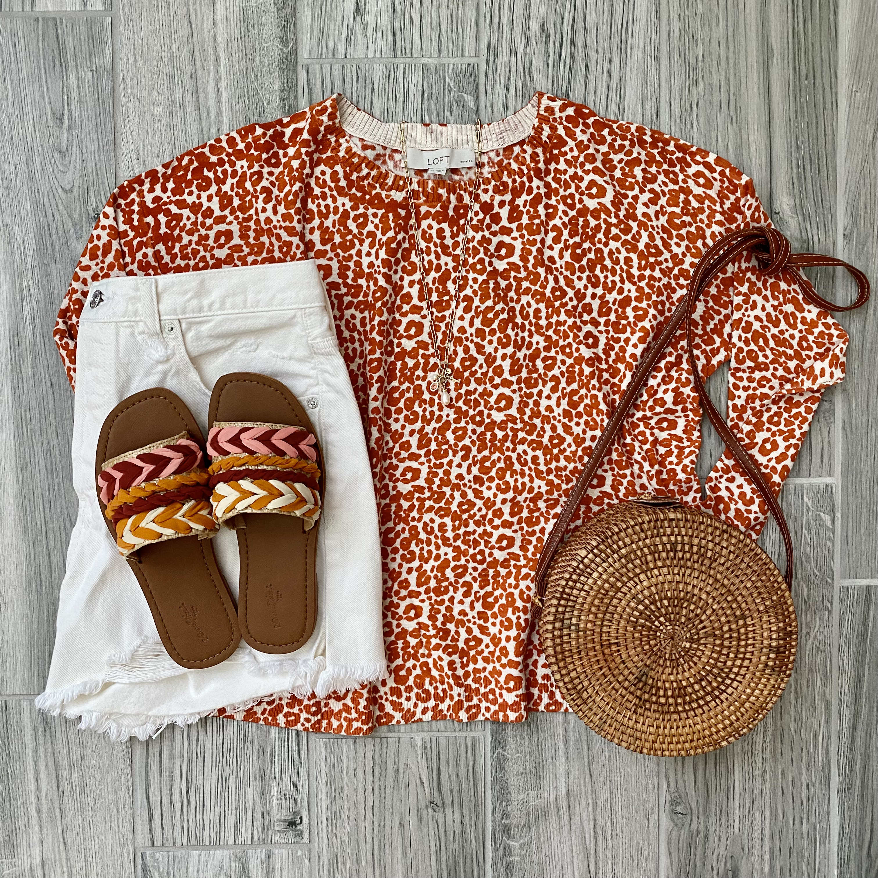 LOFT leopard sweater, Universal Thread sandals, Free People jeans shorts, Amazon woven bag